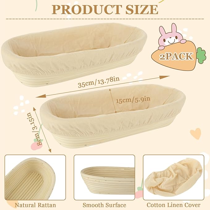 2 PCS 13.8 inch Oval Long Baguette Banneton Brotform Bread Dough Proofing Rattan Basket & Liner for Professional & Home Bakers