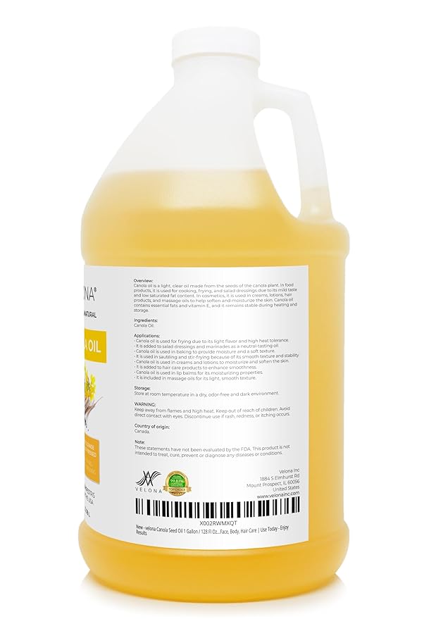 velona Canola Seed Oil 1 Gallon / 128 Fl Oz | 100% Pure and Natural Carrier Oil | Refined, Cold pressed | Cooking, Dressing, Skin, Face, Body, Hair Care | Use Today - Enjoy Results