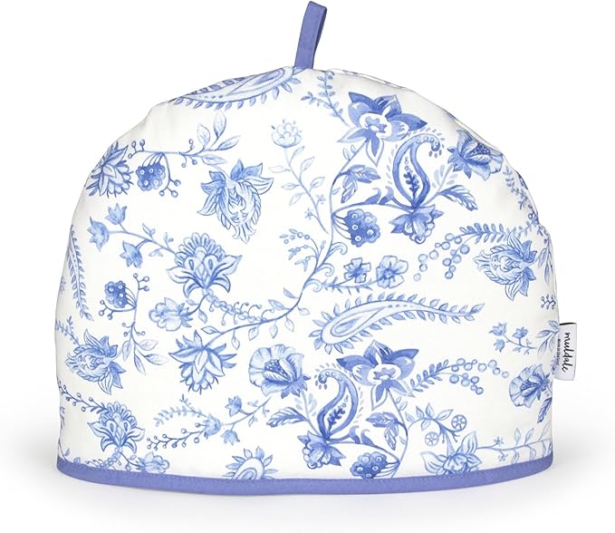 Muldale Large Tea Cozy for Teapot British - 100% Cotton Extra Thick Wadding Tea Pot Cover Designed in England - Insulated Teapot Cozy for English Tea Sets - Vintage Blue Floral