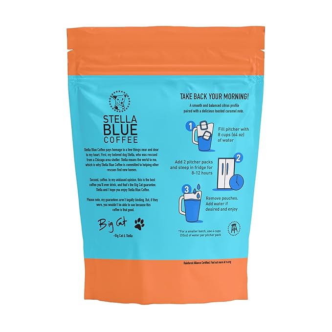 Stella Blue Cold Brew Coffee Packets, Miss Peaches Blend, Medium Roast Ground Coffee, Citrus, Carmel with Sweet Fruity Notes, 100% Arabica, 6 Brew Packets, Makes 24 Bold Cups