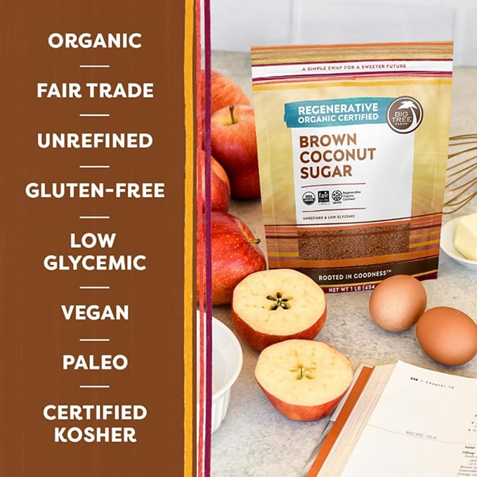 Big Tree Farms Organic Brown Coconut Sugar - Coconut Palm Sugar, Unrefined, Fine Crystals, Cane Sugar Replacement, Coconut Blossom Nectar, Vegan, Perfect for Baking - 1 Pound (Pack of 6)