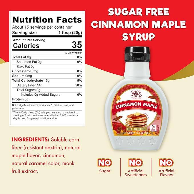 ChocZero Cinnamon Maple Syrup ??Sugar-Free, Keto Friendly, High Fiber, Monk Fruit Sweetened, Low Carb, Gluten-Free, Vegan ??10.5oz