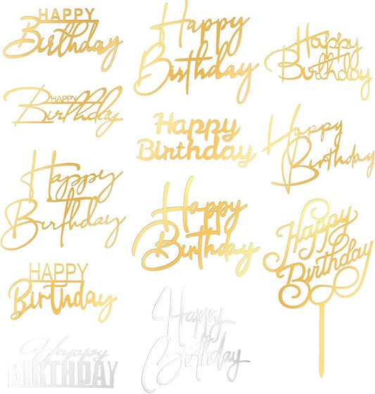 12PCS Gold Happy Birthday Cake Topper, Side Mirror Acrylic Happy Birthday Cake Topper with Gold and Silver Accents for Cupcake and Party Supplies