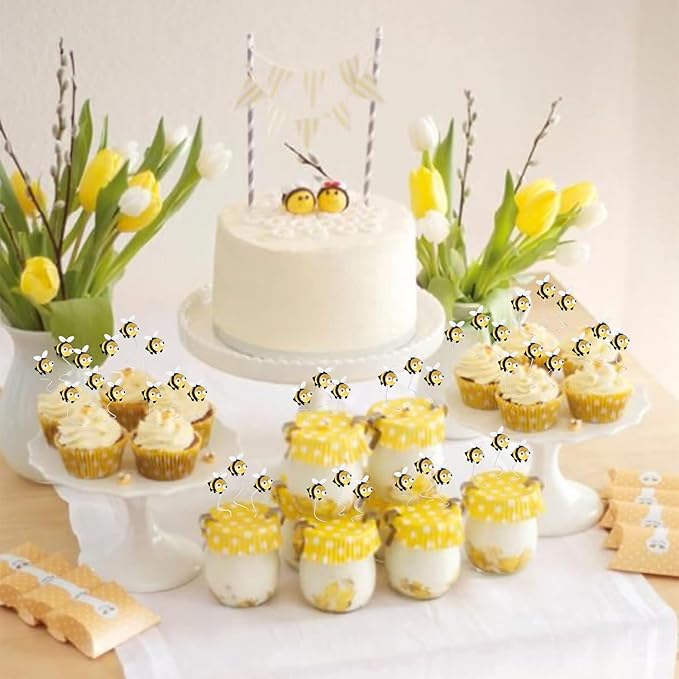30 PCS Bumble Bee Cupcake Toppers Resin Little Figurine Bee Cupcake Picks Oh Babee Cake Decorations for Bee Theme Baby Shower Kids Boys Girls Birthday Party Decoration Supplies Black