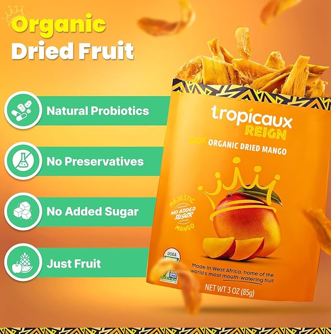 Organic Dried Mango No Sugar Added, 3oz, Pack of 2 (6oz Total) - Delicious and Nutritious Non-GMO Dried Mangoes - No Preservatives or Chemicals - Perfect Snack for Kids & Adults by Tropicaux Reign