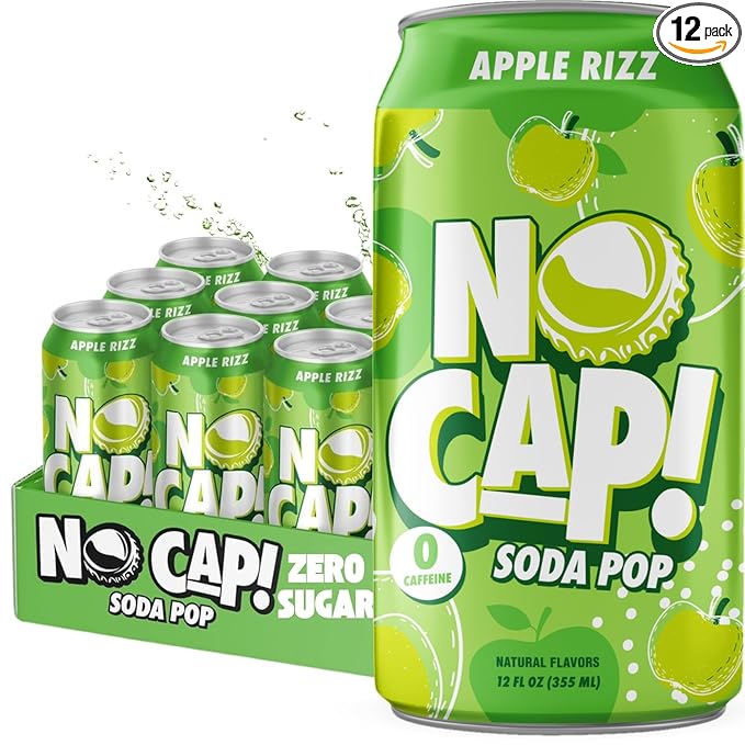 No Cap! Healthy Soda, Zero Sugar Soda Pop Drink, Zero Calories | Caffeine Free, Vegan, Gluten Free, For Kids & Adults 12 Oz, 12 Pack (Apple Rizz)