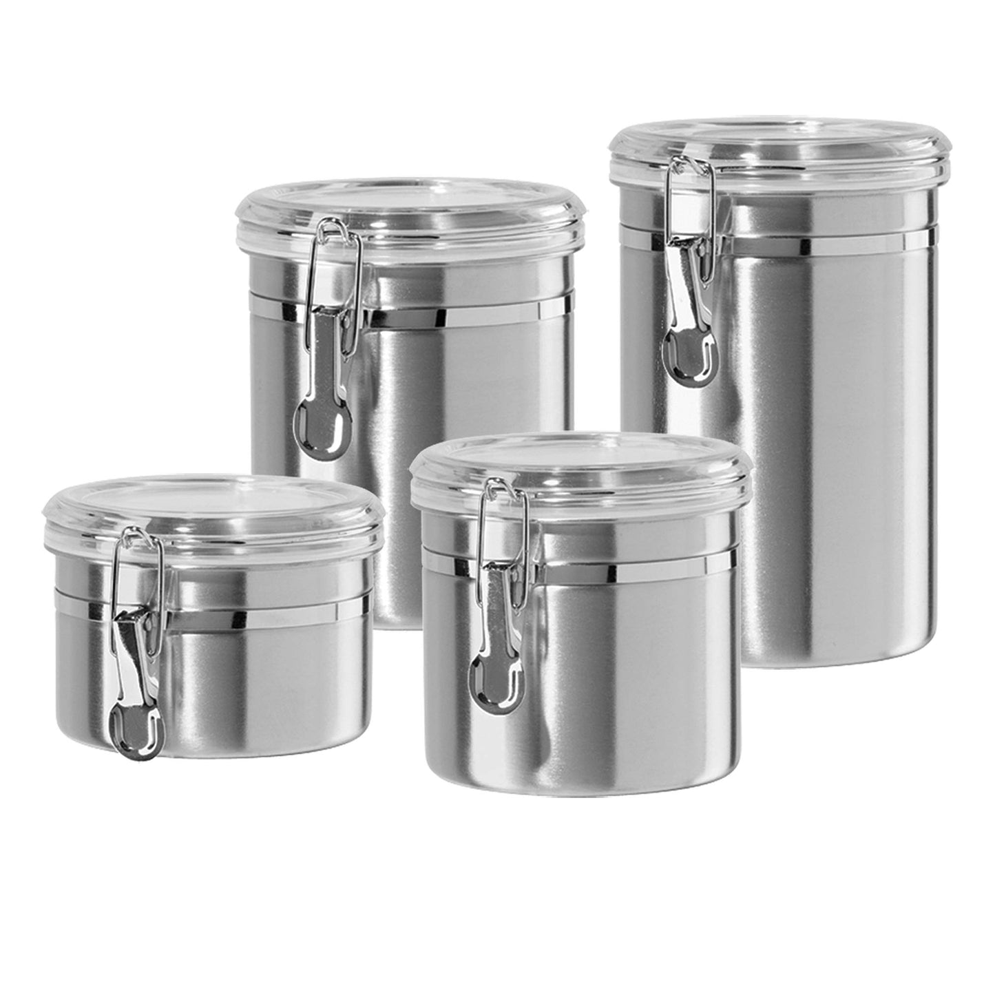 Oggi Set of 4 Stainless Steel Kitchen Canisters - Airtight Clamp Lid, Clear See-Thru Top - Ideal