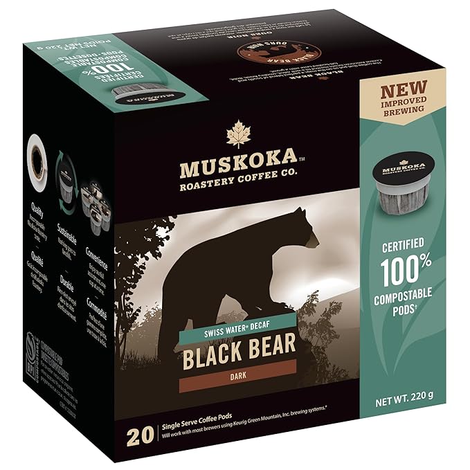 Muskoka Roastery Coffee, Black Bear, Decaf Dark Roast, 20 Single Serve Coffee Pods, Compatible with K-Cup Keurig Brewers