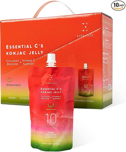 EVERYDAZE Essential C?셲 Konjac Jelly | Watermelon | Vegan Collagen Peptides and Vitamin C | Gluten Free, Sugar Free, Low Calorie | Healthy Drinkable Fruit Snack | 10 Pack Box Food Drink Pouch