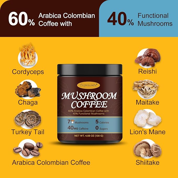 Orgnisulmte Premium Mushroom Coffee 4.58 Oz, Fresh Ground Colombian Instant Coffee with 7 Superfood Mushrooms Better Taste, Natural Ingredients Gluten Free, Vegan, Keto, Non-Gmo 130g