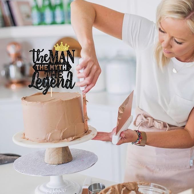 Rsstarxi 1 Pack The Man The Myth The Legend Cake Topper Glitter Happy Father's Day Cake Pick Dad's Birthday Theme Cake Decorations for Happy Retirement Theme Father's Birthday Party Supplies Black