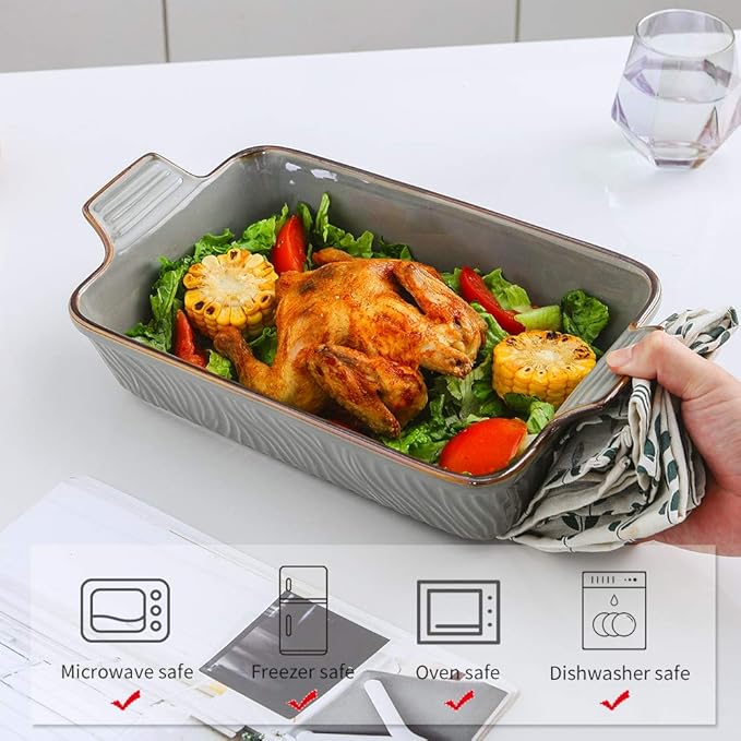 KOOV Bakeware Set, Ceramic Baking Dish Set, Rectangular Casserole Dish Set, Lasagna Pans for Cooking, Cake Dinner, Kitchen, 9 x 13 Inches, Texture Series 3-Piece (3 Piece, Cloudy Grey)