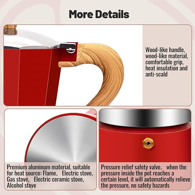 3 Cup Aluminum Moka Pot Classic Stovetop Espresso Coffee Maker 150ml 5oz Coffeemaker Percolator Mocha Pot Greca Coffee Maker Cafe Makers for Italian and Cuban Cafì±?Brewing Red