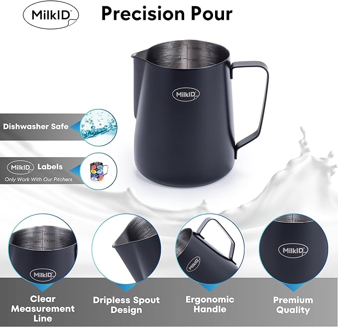 Milk Frothing Pitcher with 8 Allergen Silicone Snap-On Labels | Must-Have Barista Tool | Coffee Bar Accessories & Espresso Accessories Kit | (32oz / Black Pitcher + Labels)