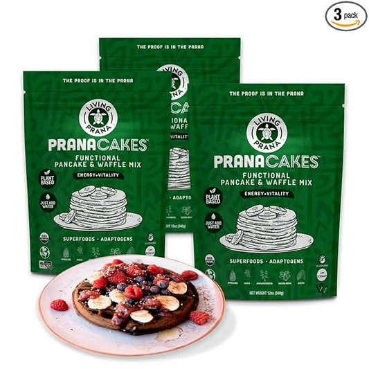 PranaCakes Superfood Organic Pancake & Waffle Mix Gluten Free | Energy, Vitality & Mood Balancing | Plant-based Protein | Just-Add-Water | By LIVING PRANA | 12oz (3-pack)