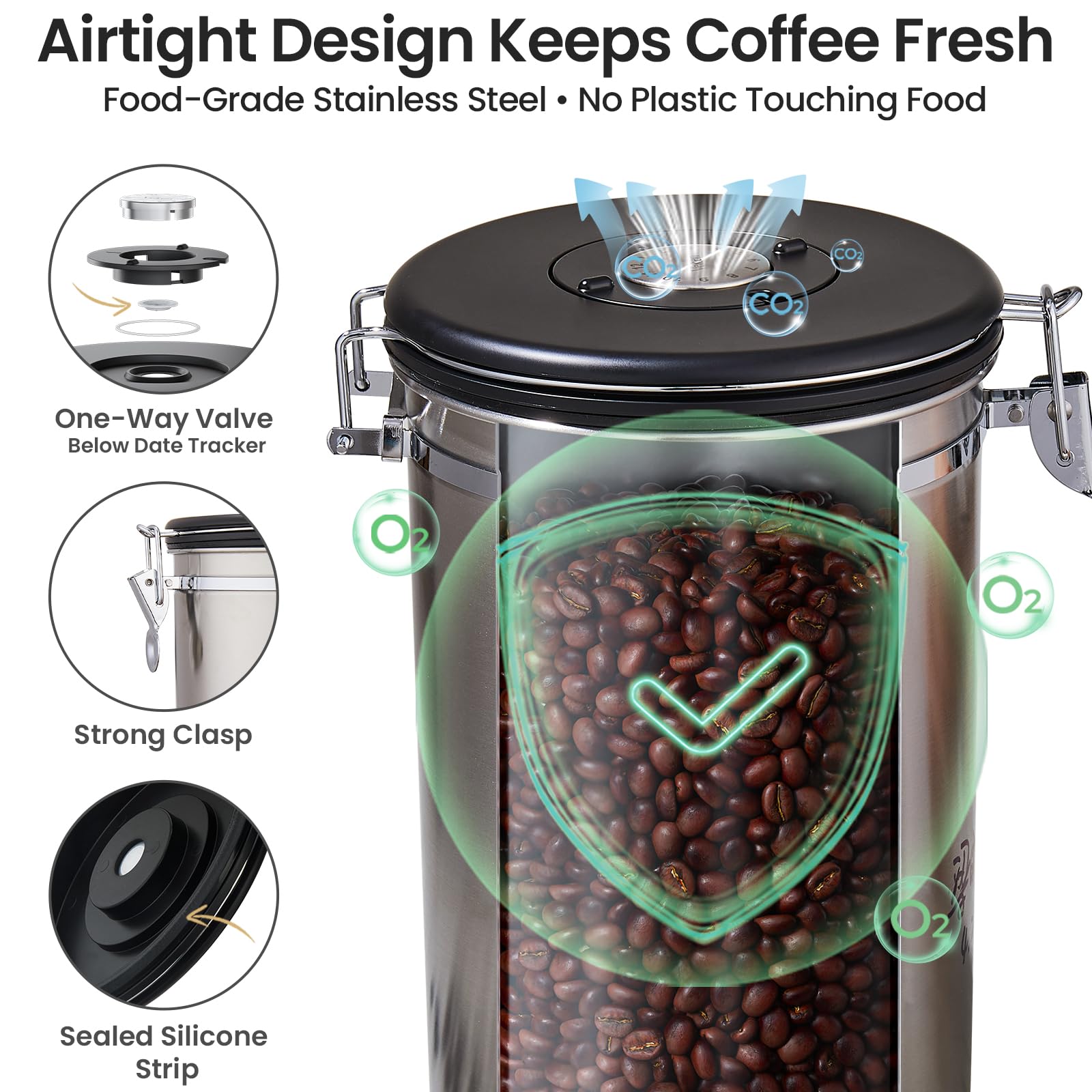 Veken Coffee Canister,39OZ, 2.2lbs,Large Airtight Stainless Steel Container