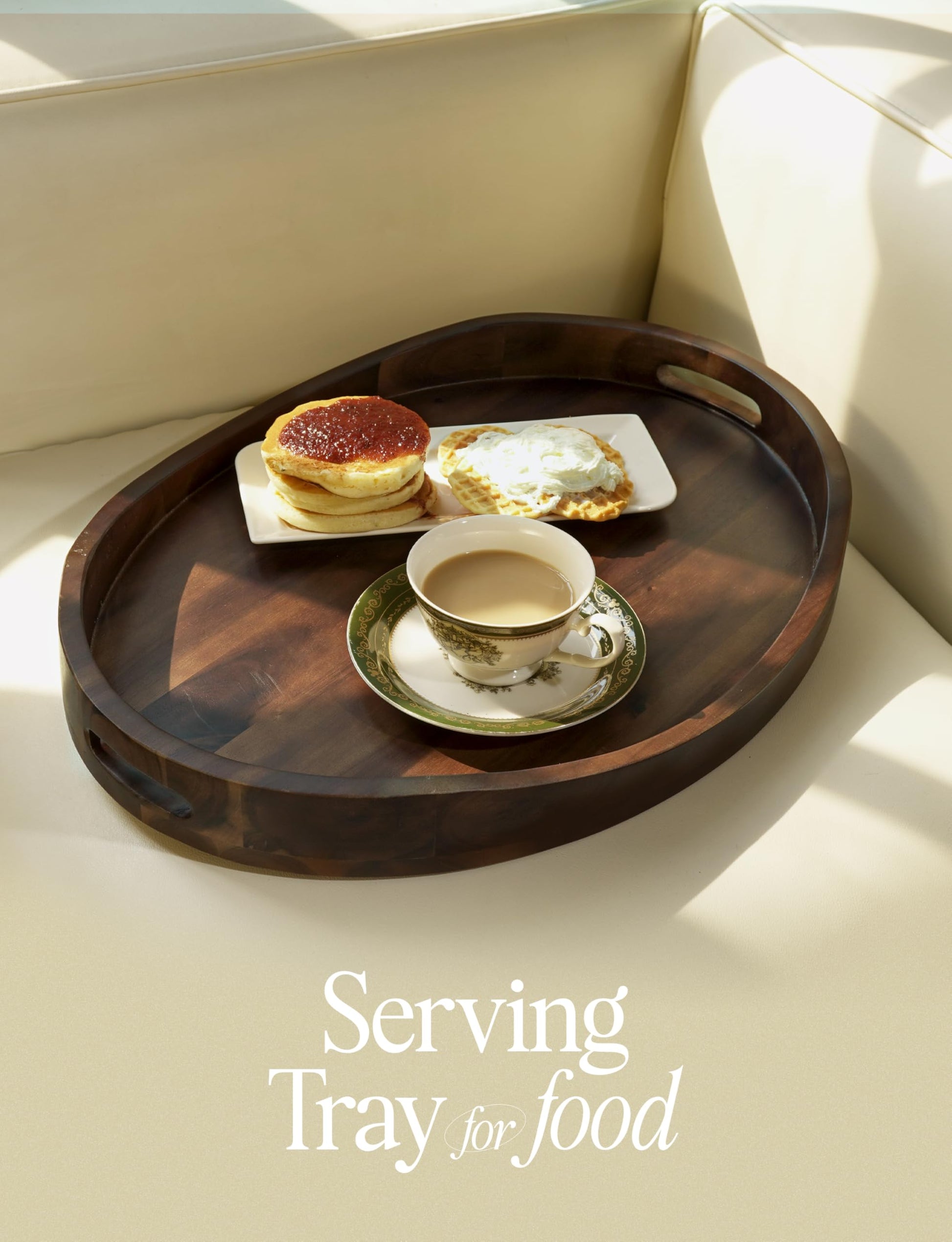 TIDITA Acacia Oval Wooden Serving Tray with Handle, 16.5"x13", Walnut Color
