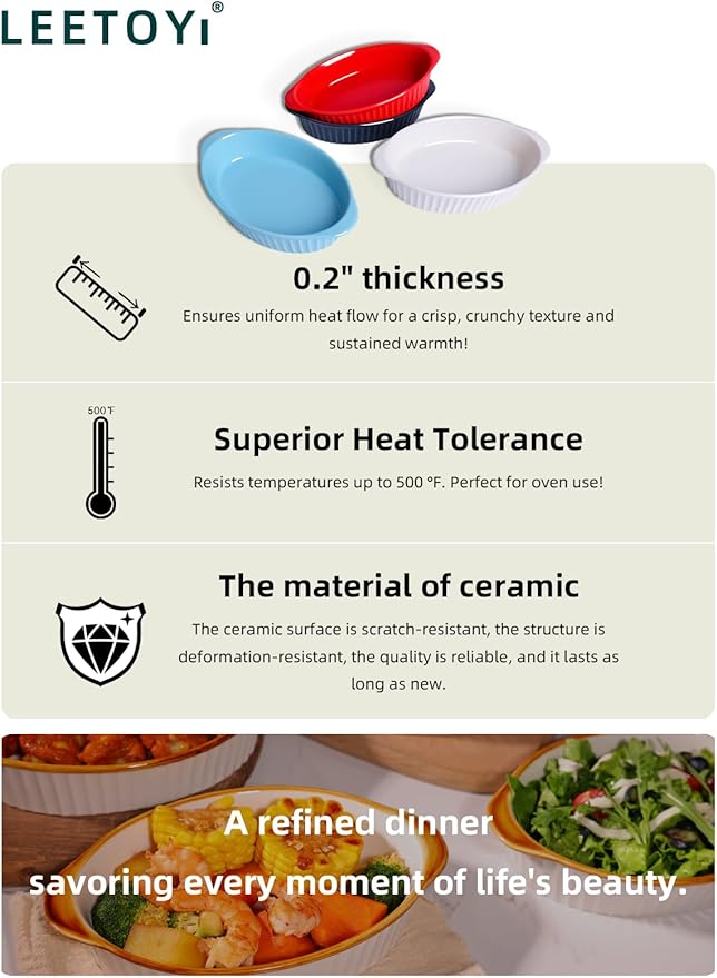 LEETOYI Porcelain Small Oval Au Gratin Pans,Set of 4 Baking Dish Set for 1 or 2 person servings, Bakeware with Double Handle for Kitchen and Home, Red