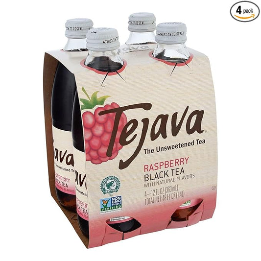 Tejava Raspberry Black Iced Tea, 4 Pack, 12oz Glass Bottles, Unsweetened, Non-GMO, Kosher, No Sugar or Sweeteners, No calories, No Preservatives, Brewed in Small Batches