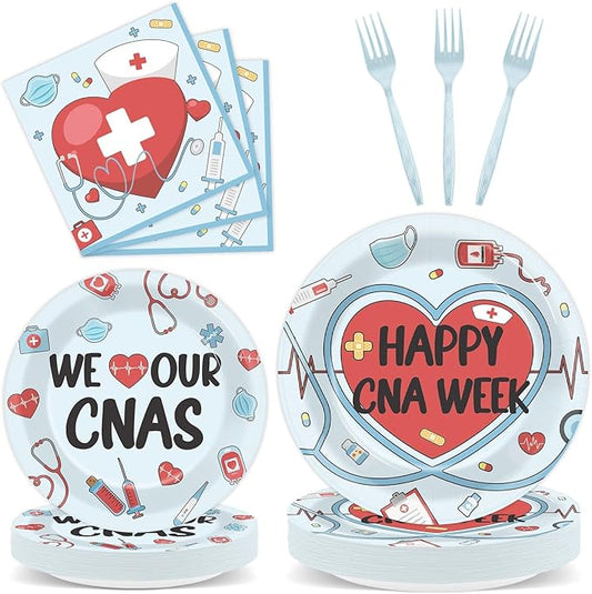 96Pcs Happy CNA Week Plates and Napkins Nurse Appreciation Week Party Decorations We Love Our CNAS Dessert Plates Nurse Tableware for 24 Guests CNA Appreciation Week Party Supplies