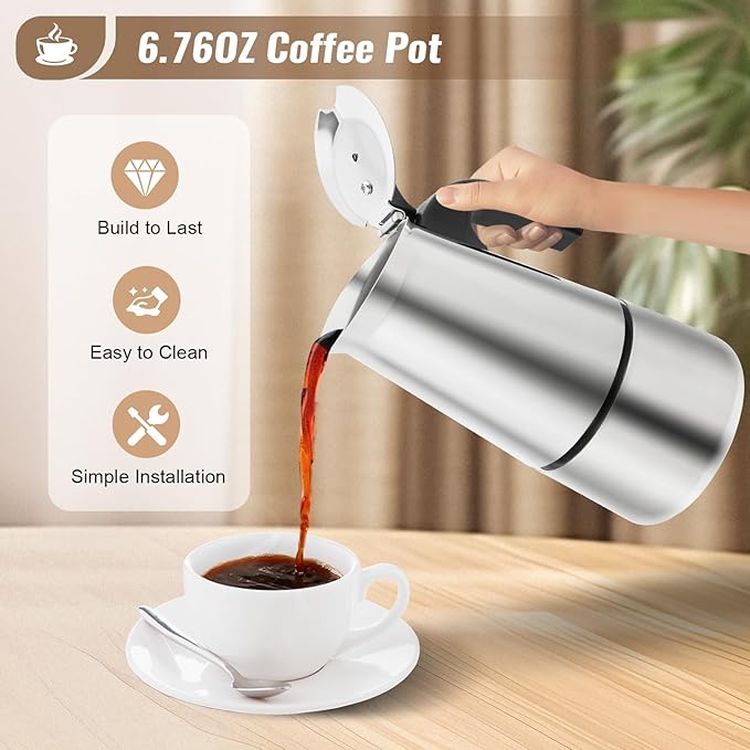 Stovetop Coffee Maker, 4 Cup Stainless Steel Moka Pot Espresso Maker Coffee Pot with Electric Stove, 500W Stovetop Espresso Machine Italian Espresso Maker for Home Bar Office