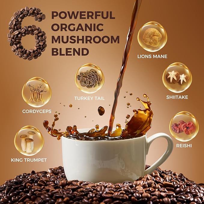 Mushroom Coffee, 15 Servings Organic Mushrooms Instant Coffee, Powder for Energy, Digestion & Immune Support, 6 Superfood Lion's Mane, Reishi, Cordyceps, Shiitake, King Trumpet & Turkey Tail