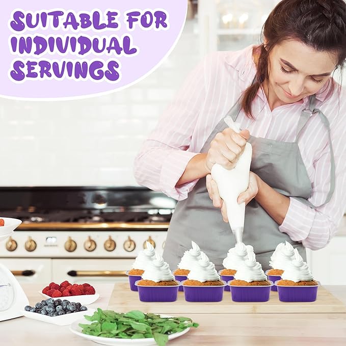 Aoriher 150 Pieces 10 oz Mini Cake Pans with Lids Aluminum Foil Baking Cups Square Disposable 4" x 4" Large Cupcake Cups Baking Tins for Kitchen Brownie Pudding Desserts Holders(Purple)