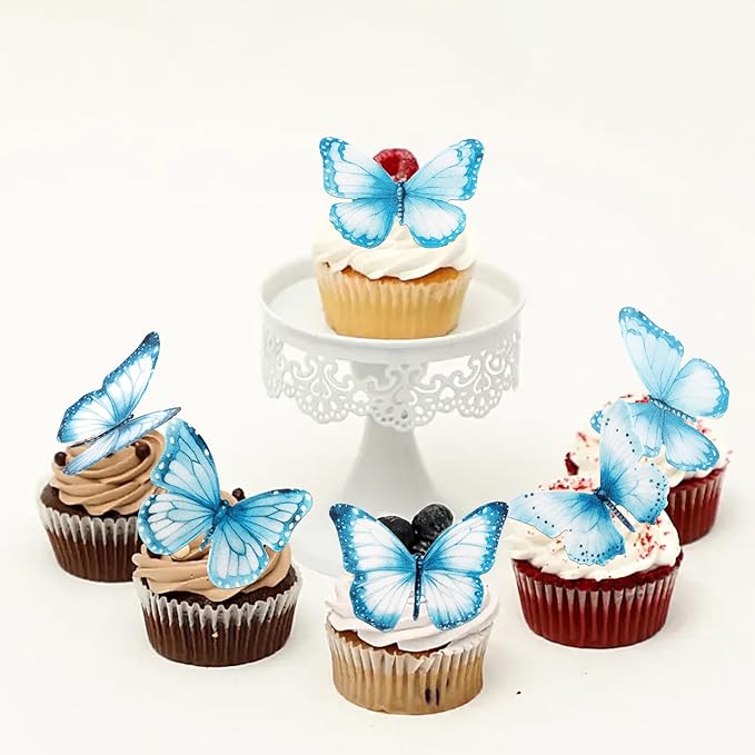 Rsstarxi 60 Pack Wafer Paper Butterflies Cupcake Toppers, Edible Butterfly Cake Decorations Butterfly Decorations for Wedding Birthday Anniversary Baby Shower Party Decorating Supplies Blue