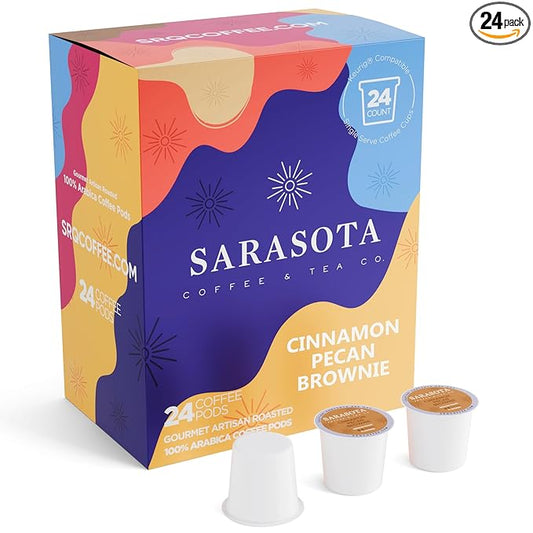 Sarasota K-Cup Coffee Pods | Medium Roast Flavored Coffee | Cinnamon Pecan Brownie | Single Serve for Keurig Brewers | Gourmet, Low Acid, Mold Free | 24 Count