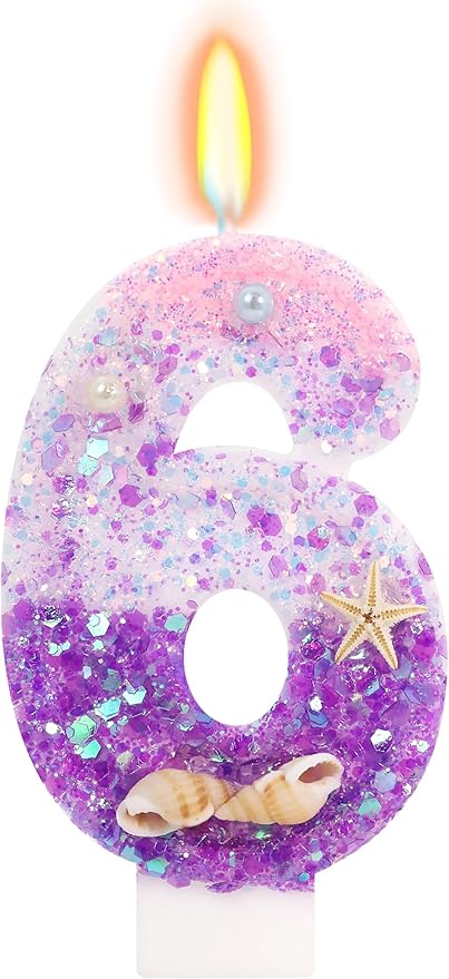 Purple Mermaid Party Number 6 Cake Candles, 2.76 inch Birthday Candle, Cake Topper Decoration for Birthday Party (Number 6)