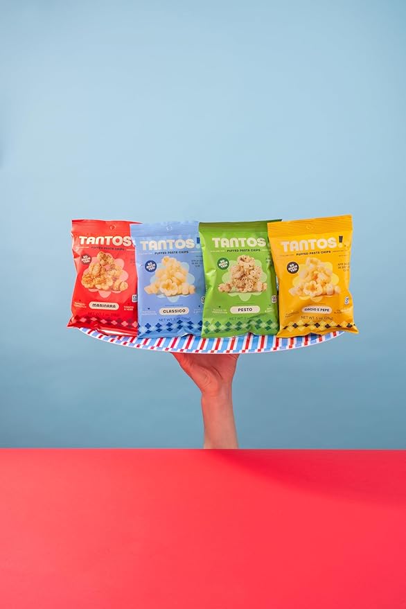 Tantos! Puffed Pasta Chips ??Healthy Pasta Snack by Top Chef Joe Sasto ??Plant-Based, Low Calorie, Crunchy Chips ??Variety Pack ??Marinara, Pesto, Cacio e Pepe, Classico ??Gourmet Bold Flavors ??(4oz-4 Pack (1 of Each Flavor), Variety)