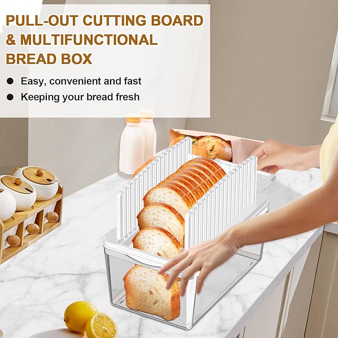 Upgrade Pull Out Bread Slicer for Homemade Bread with Bread Box, Foldable Bread Slicing Guide,Removable Cutting Board, Slice Evenly, Bread cutter slicer Suitable for Bread Making Supplies