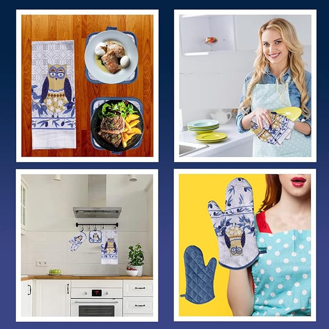 Lobyn Value Packs: Whimsical Blue Owl 5 Piece Kitchen Towel Set, includes 2 Decorative Dish Towels, 1 Oven Mitt & 2 Potholders for Enchanting Style
