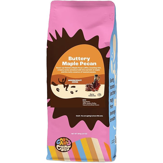 Crazy Cups Flavored Ground Coffee, Buttery Maple Pecan Coffee, For Brewing Flavored Hot or Iced Pecan Coffee, 10oz