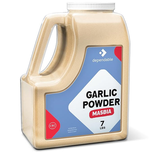 Dependable Food Garlic Powder -7 LB.- Restuarant Bulk Size Jar, Kosher, Versatile, Dehydrated, Non-GMO Seasoning for Vegetables, Meat Rubs & More - Allergen-Free, 100% Natural Granulated Garlic