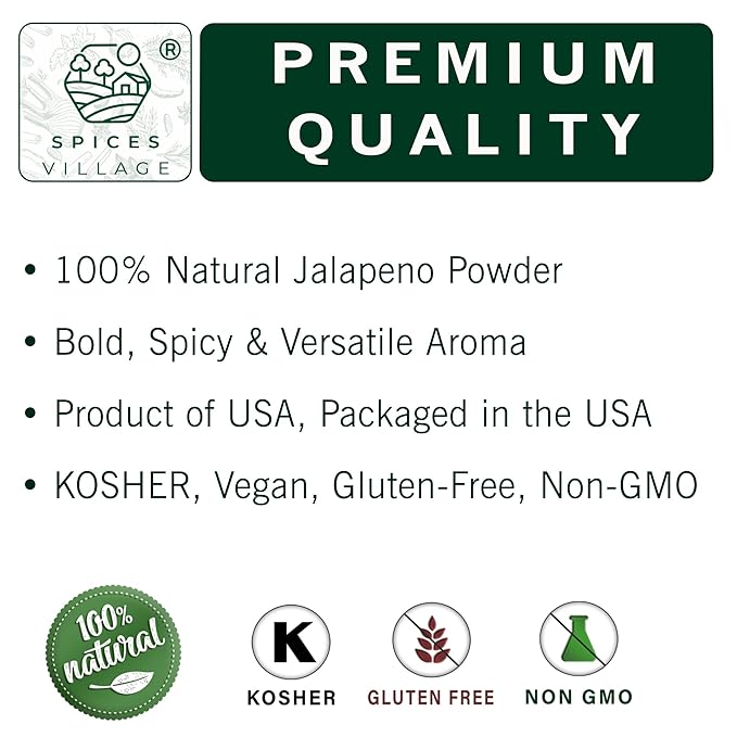 SPICES VILLAGE Jalapeno Powder [6 oz] - Ground Jalepeno Pepper, Natural Spicy and Flavorful Jalapeno Seasoning, Great For Chili, Salsa, Spice Blends, Stews, Tacos, Guacamole - Kosher, Gluten Free, Non GMO, Resealable Bulk Bag