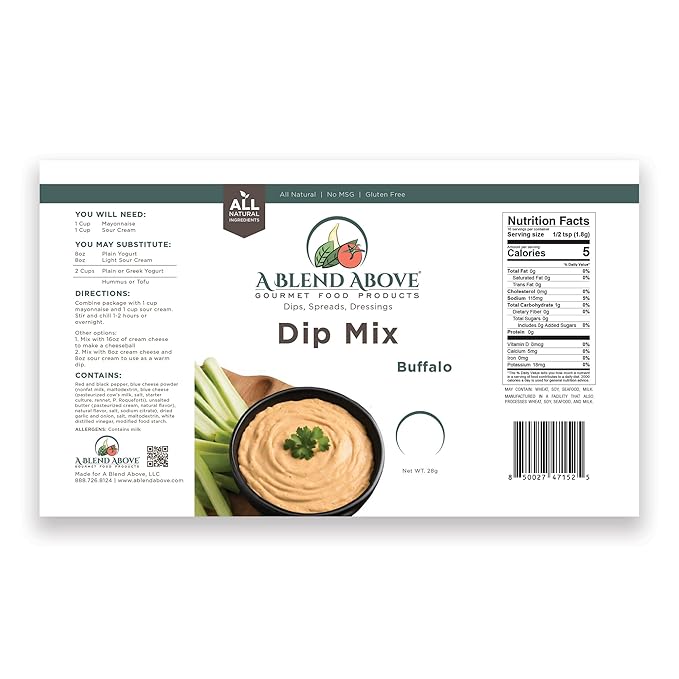 A Blend Above Buffalo Dip Mix, 3 Packs, 1 oz. Each, Makes 16 Ounces, Gluten-Free, No MSG, All Natural, No Preservatives, Vegan Friendly, Keto Friendly, Vegetable Dip, Chip Dip, Low Carb, Easy to Make