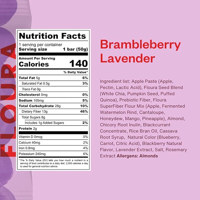 Floura Brambleberry Lavender Fruit-Forward Fiber Bars??High Fiber, Vegan, Gluten & Dairy Free, Low Calorie Healthy Snack Bars with Upcycled Produce for Gut Health [10 Pack]
