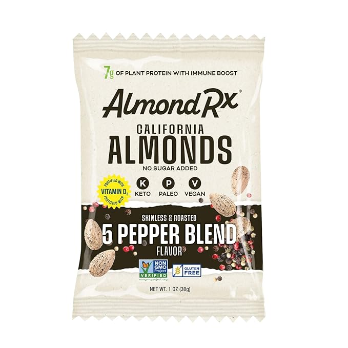 AlmondRx | Heart Healthy Skinless Lightly Salted California Almond Snack Packs | Fortified with Vitamin D | Plant Protein | Keto | Vegan | No Sugar Added (48 Pack, 5 Pepper Blend)