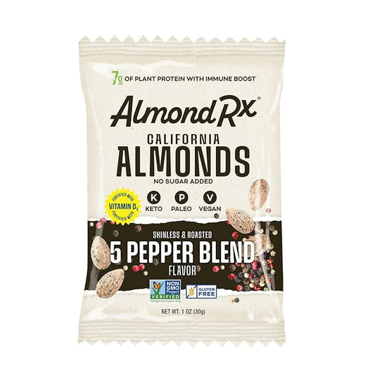AlmondRx | Heart Healthy Skinless Lightly Salted California Almond Snack Packs | Fortified with Vitamin D | Plant Protein | Keto | Vegan | No Sugar Added (24 Pack, 5 Pepper Blend)