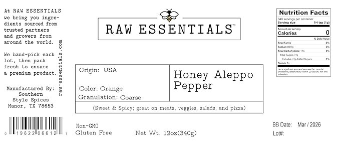 Raw Essentials Honey Aleppo Pepper - Sweet and Spicy - Great on Meats, Veggies, Salads, and Pizza - Non-GMO and Gluten Free -12 Ounce Bottle