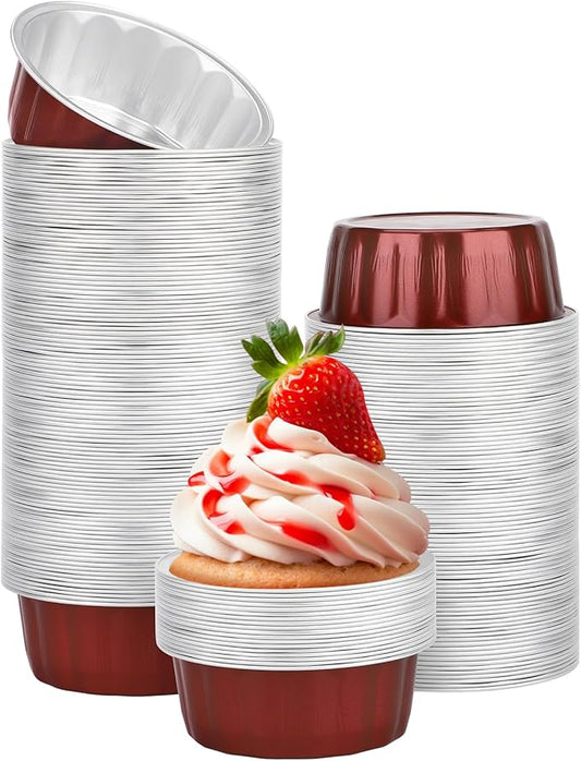 Beasea Aluminum Baking Cups, 8oz 200 Pack Disposable Ramekins Foil Cups Baking 3.9" Ramekin Cup Cupcake Aluminum Mini Baking Cups for Party - Wine Red