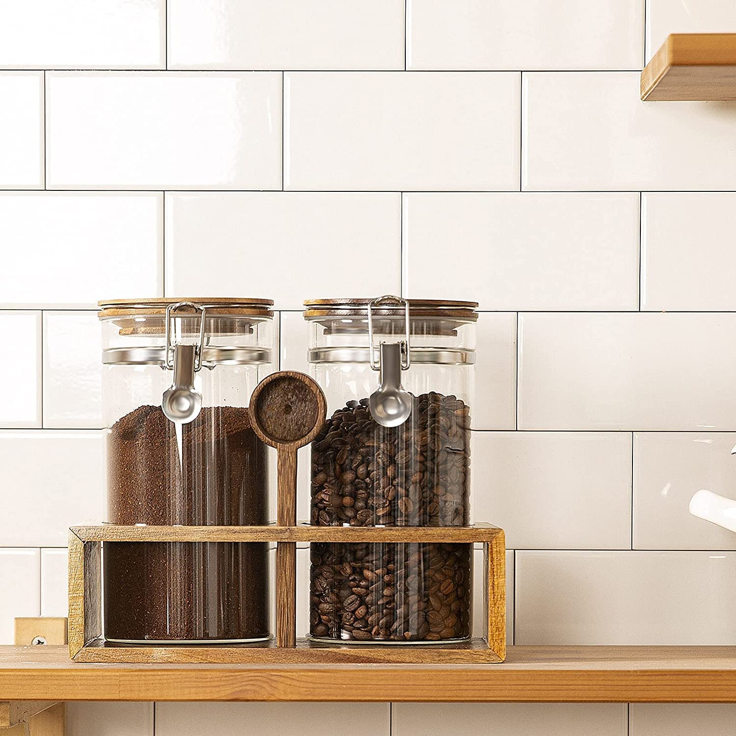 Yangbaga Coffee Canister with Shelf: 2P 45OZ Glass Airtight Coffee Holder