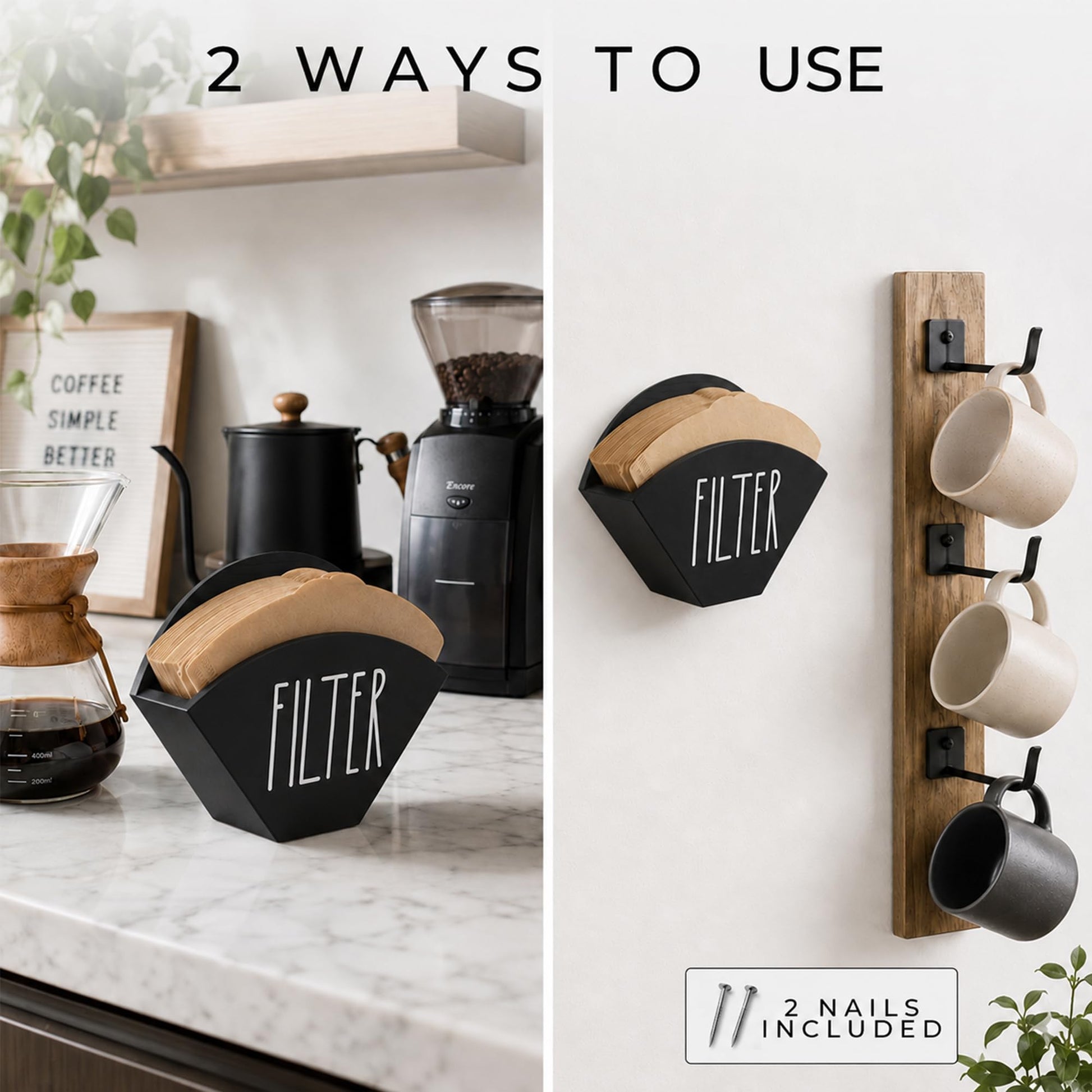 CHONIC Wood Coffee Filter Holder, Farmhouse Cone Filter Storage Organizer, Wall Mount Coffee Bar &