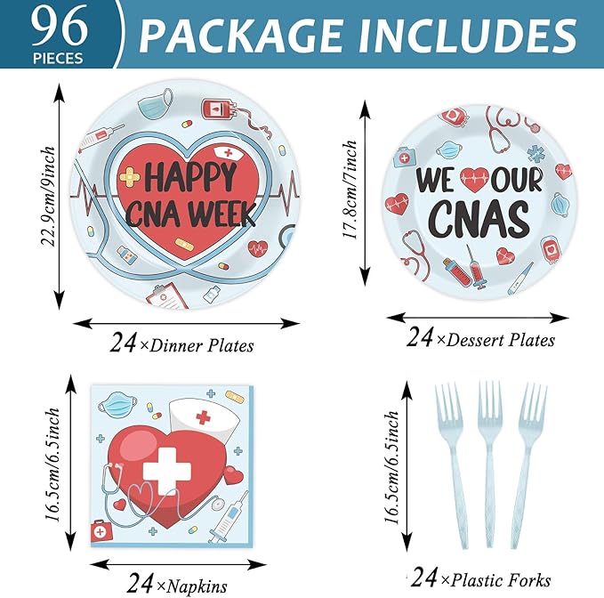 96Pcs Happy CNA Week Plates and Napkins Nurse Appreciation Week Party Decorations We Love Our CNAS Dessert Plates Nurse Tableware for 24 Guests CNA Appreciation Week Party Supplies