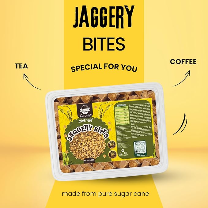Danodia Foods Organic Snackable Jaggery Bites 1 lb (450g), Pure & Natural, No Additives Sweetener, Vegan & Gluten-Free, Nutrient-Rich Alternative to Refined Sugar for Tea & Coffee, Indian Origin
