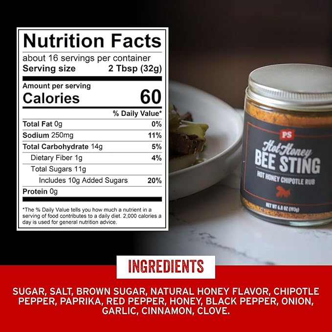 PS Seasoning Bee Sting - Hot Honey Chipotle BBQ Seasoning and Rubs for Smoking, Grilling, Baking - Sweet and Spicy Chipotle Flavor, Dry BBQ Rubs and Spices for Grilling Steaks, Pork, Chicken, Beef