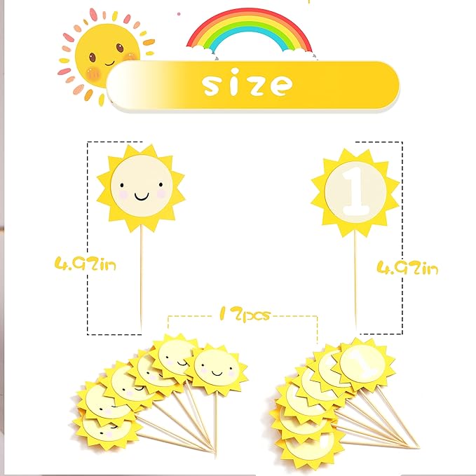 12pcs Sunflower 1st Birthday Cupcake Toppers,You Are My Sunshine First Birthday Decoration, Sunflower Themed One Birthday Party Cupcake Toppers, Prop Photo Prop Decoration