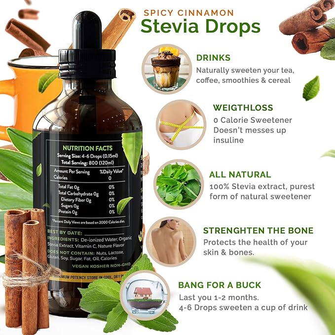 Enzo Liquid Stevia Drops Our Zero Calories Sweetener (4oz - 800 Servings/Bottle) - Cinnamon - All Natural flavoring with No Artificial Additives & Filler Ingredient