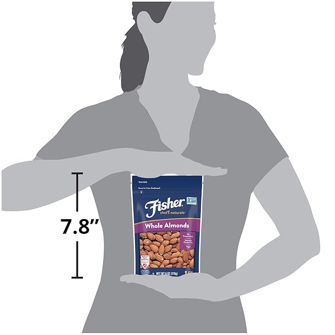 Fisher Chef’s Naturals Whole Almonds, 6 oz Resealable Bag, Unsalted Raw Nuts for Baking & Cooking, Healthy Snacks for Adults, Vegan Protein, Keto Snack, Gluten Free